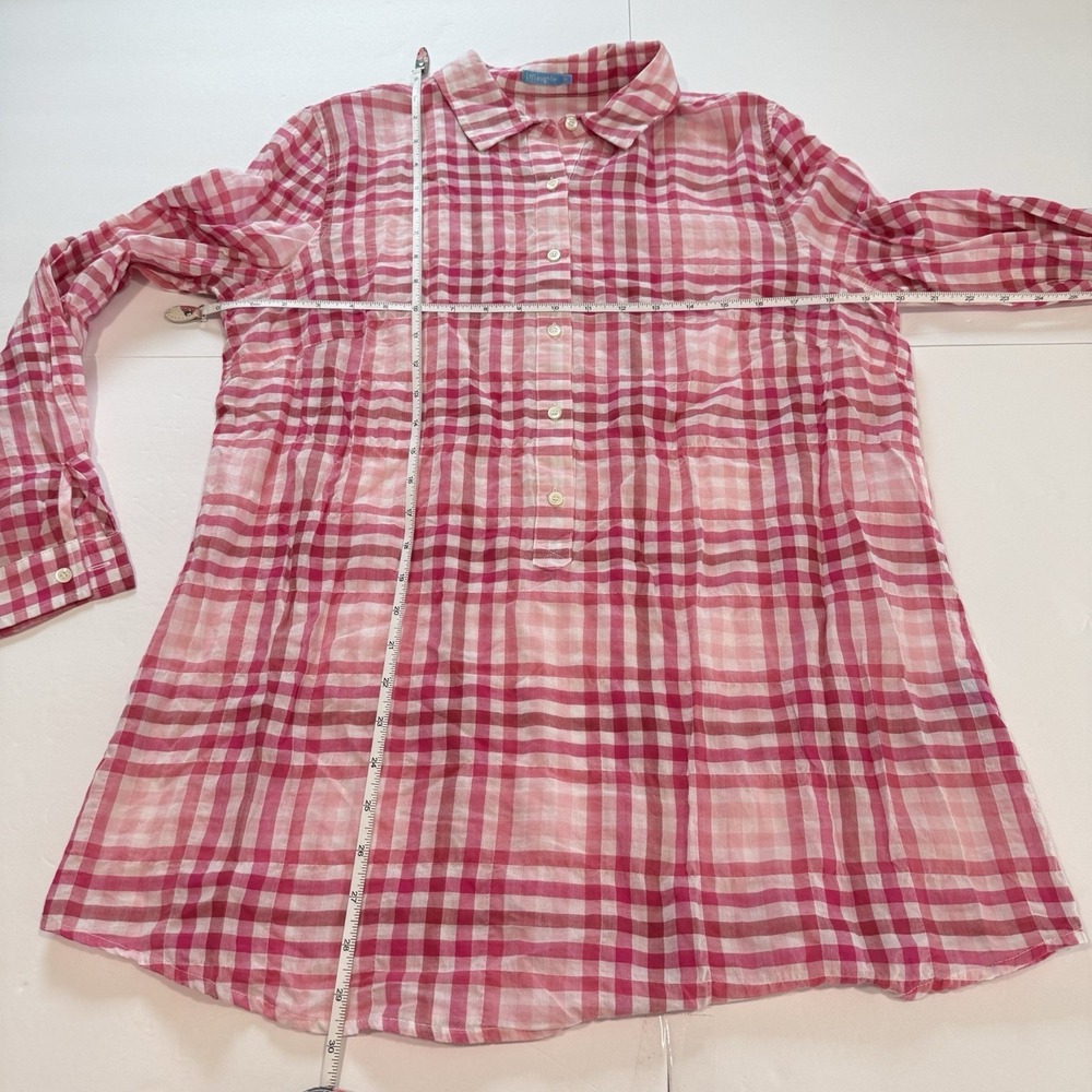 J McLaughlin Pink Plaid Button Shirt Cotton Long Roll Tab Sleeve Classic MEDIUM - Picture 7 of 10